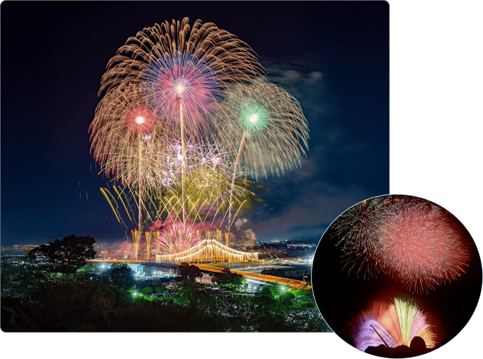 夜空を彩る多彩な花火と観客のシルエットが映る、ふくろい遠州の花火大会の様子