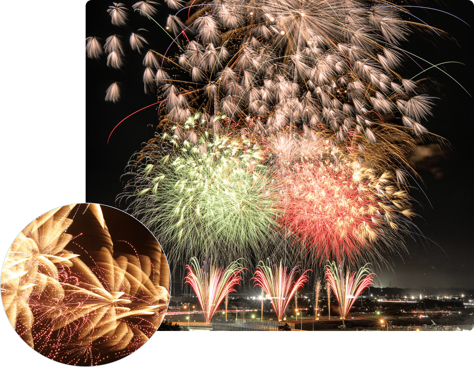 色鮮やかな花火が夜空に広がり、美しく流れるような光跡が幻想的な風景