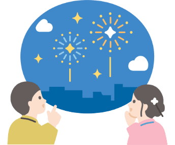 花火とそれを楽しんでいる人のイラスト